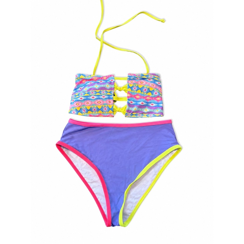 Cupshe Womens Geometric Print Halter Bandeau Bikini High Waist Purple Set Medium